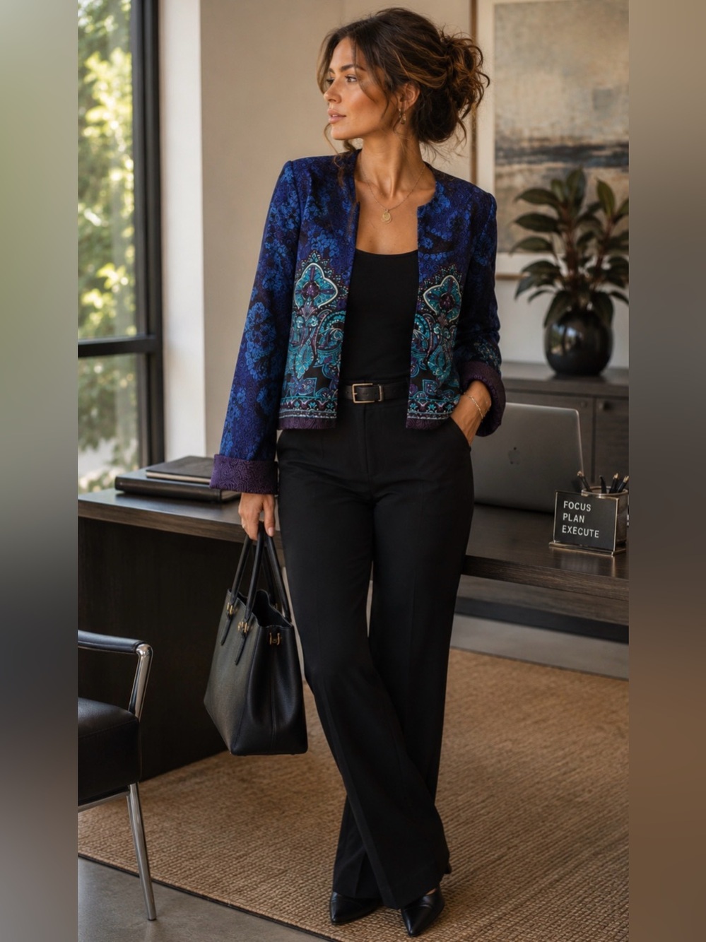 Coldwater Creek 💙 Blue Paisley Open Front Jacket Blazer P14 Boho Career Chic